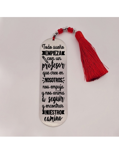 Marca páginas BIMBA, modelo 17, borla de algodón, cristal checo y acero inoxidable.