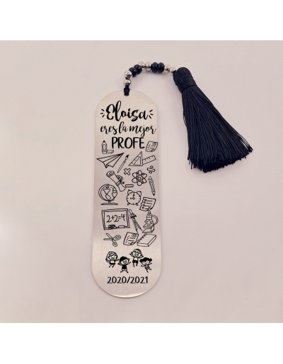 Marca páginas BIMBA, modelo 19, borla de algodón, cristal checo y acero inoxidable.